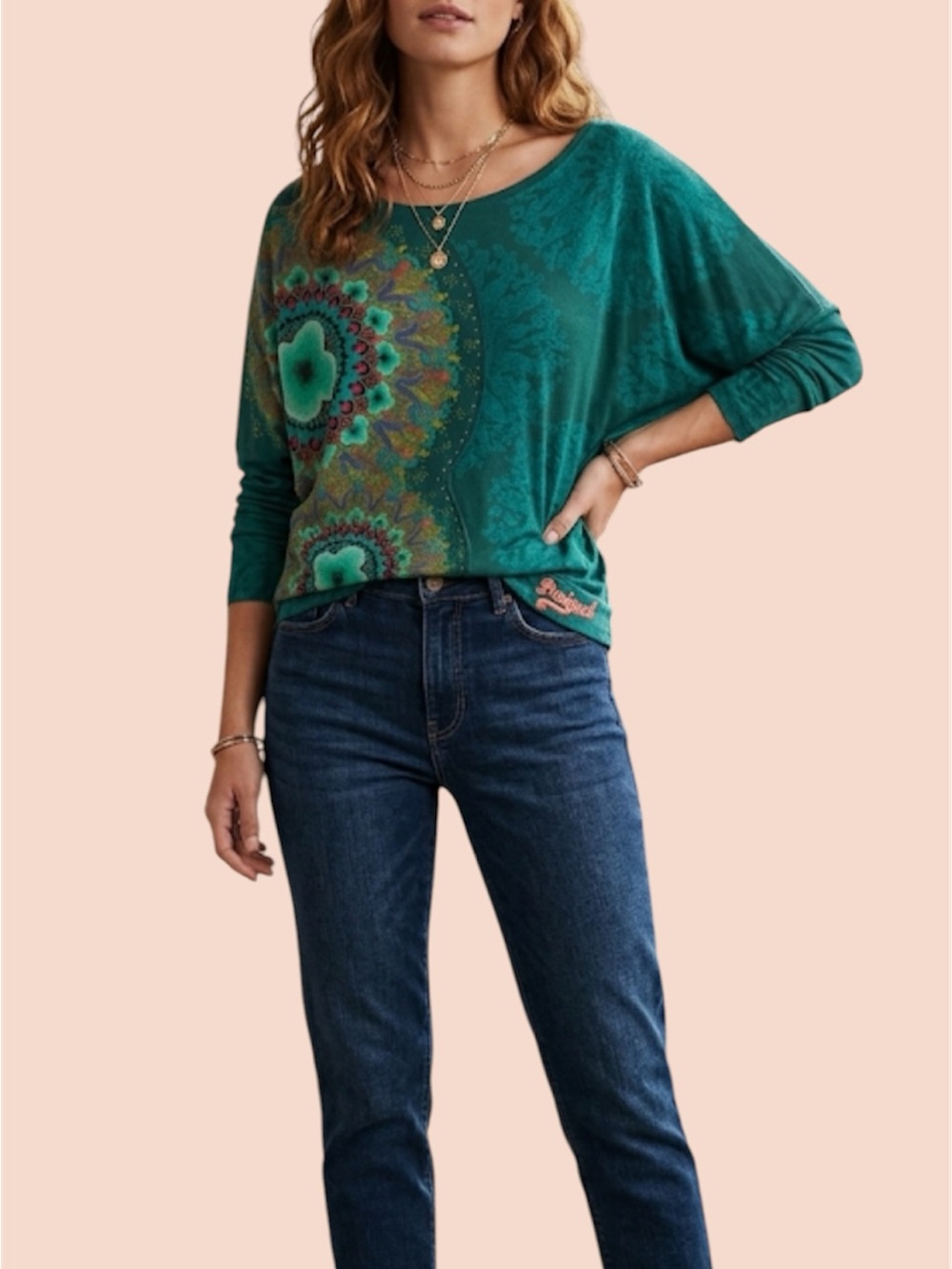 Desigual Green Asymmetrical Blouse with Relaxed Fit Off Shoulder Sz L